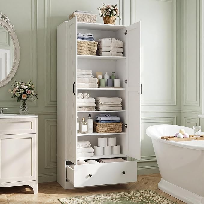 GIANTEX 72" Tall Kitchen Pantry Cabinet, Farmhouse Cupboard, White | Wooden Buffet Cabinet w/ 2 Doors, Drawer & Adjustable Shelf, Freestanding Versatile Storage Cabinet for Living Room Bathroom