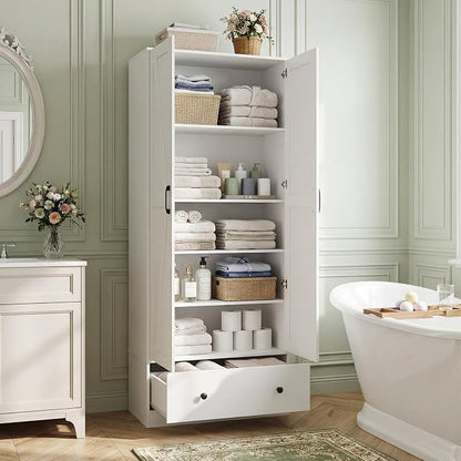 GIANTEX 72" Tall Kitchen Pantry Cabinet, Farmhouse Cupboard, White | Wooden Buffet Cabinet w/ 2 Doors, Drawer & Adjustable Shelf, Freestanding Versatile Storage Cabinet for Living Room Bathroom