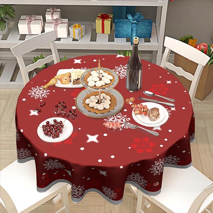 Sweetshow Xmas Table Cloth Round Winter Red White Snowflake Stars Tablecloth 60 Inch Decor Washable Stain and Wrinkle Resistant Round Table Cover for Dining Picnic
