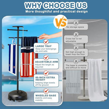 Pool Towel Rack with Wheels and Storage Tray for Indoor Outdoor Use | 6 Adjustable Bars, Storage Tray, Wheels and Fillable Base for Poolside Use.