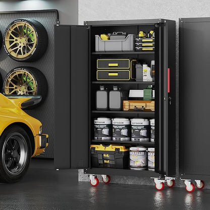 Metal Storage Cabinet with Wheels,71" Garage Cabinets with 4 Adjustable Shelves and Lockable Doors,Black Locking Cabinet Suitable for Garages,Home,Office