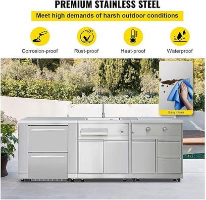 SINDA 4-Piece Outdoor Kitchen Package, 32" Side Burner, 24" Under-Counter Fridge, Refrigerator Cabinet, Outdoor Sink, Stainless Steel, 5.4 Cu. Ft. Capacity