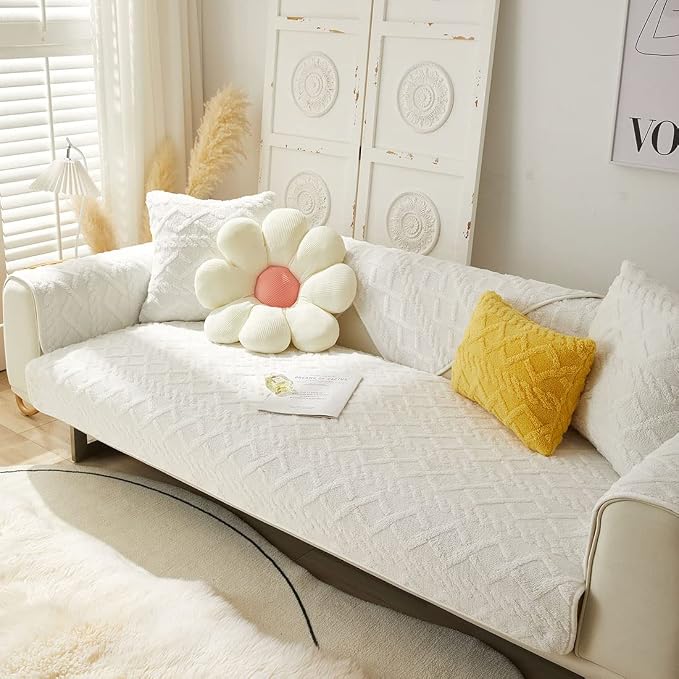 vctops Geometric Jacquard Plush Sofa Couch Covers Farmhouse Neutral Non Slip Sectional Couch Cover Soft Warm Sofa Slipcover for Dogs, Children, Pets Furniture Protector (White,36"x82")