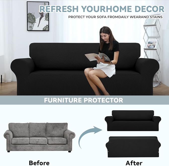 LURKA Stretch Oversized Couch Cover, 1 Piece 4 Seater Sofa Slipcover, Black | Soft Stretch Jacquard, Fits 94"-110" Oversized Sofas, Elastic Bottom for Secure Fit, Machine Washable, Pet & Kid Friendly