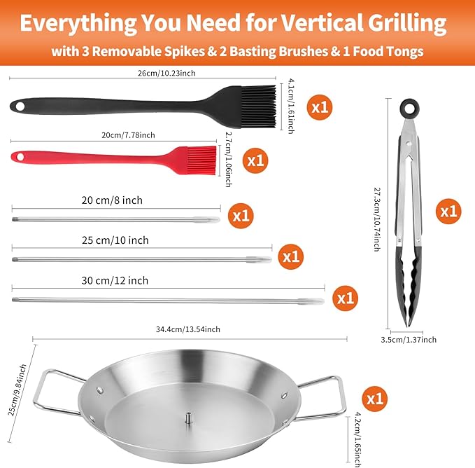 Al Pastor Skewer for Grill, Stainless Steel Vertical Skewer with 3 Removable Spikes (8", 10", 12"), Basting Brushes &Food Tongs, Trompo para Tacos al Pastor, Shawarma Spit Stand for Smoker & Oven