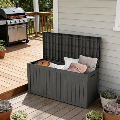 FEFLO 150 Gallon Waterproof Resin Outdoor Storage Box, Lockable & UV Resistant Patio Deck Boxes, Outside Storage for Patio Cushions, Pool Toys, Garden Tools & Package Delivery, Black