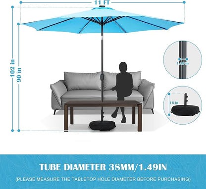 Sundale Outdoor 104 LED 11 FT Solar Patio Umbrella with Base, Blue | Sand Bag Umbrella Base, Tilt, Crank, Solar Lights