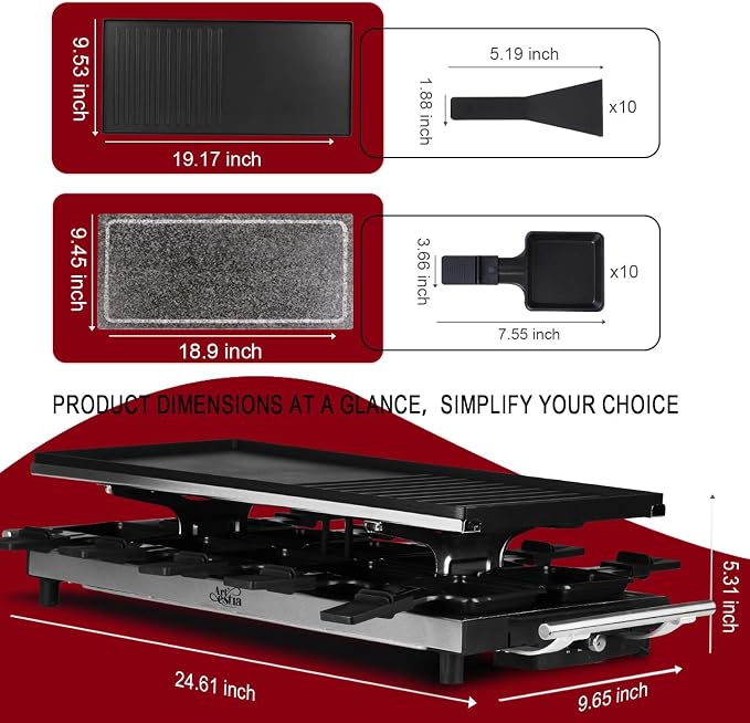 Artestia 1500W Large Size Raclette Cheese Grill | Adjustable Temperature Korean BBQ Grill, Cheese Raclette with Grill Stone for Parties Family