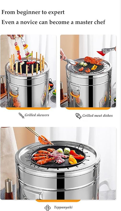 Stainless Steel Portable Vertical Charcoal Smoker Grill Barrel Grill with Wooden-Handled Steel skewers30, Outdoor Indoor Camping Smokeless Charcoal Barbecue Grill BBQ(Double,Medium)