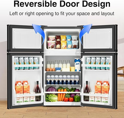 Kismile 2.6 Cu.Ft Mini Fridge with Freezer for Bedroom & Office, Black | Compact Refrigerator with 2 Reversible Doors, 3-level Adjustable Thermostat, Removable Shelves & Interior Light for Dorm