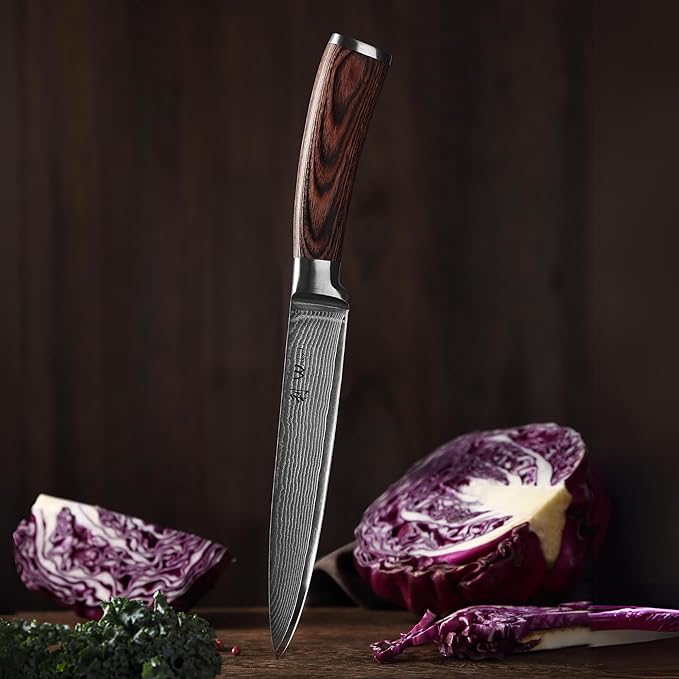 Wakoli EDIB Damascus Meat Knife – 7-Inch Japanese-Style Kitchen Knife for Meat, BBQ, and Roasts, 67-Layer Damascus Steel Blade with VG10 Core, Ergonomic Pakkawood Handle – Carving Knife in Gift Box
