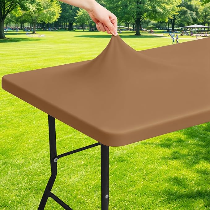 Moosfor Spandex 8 Foot Rectangle Table Cloth, Elastic Fitted Tablecloths for Picnic, Stretch Washable Patio Table Cover for Outdoor, Camping, Banquet and Parties (Light Brown, 30"x96")