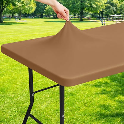 Moosfor Spandex 4 Foot Rectangle Table Cloth, Elastic Fitted Tablecloths for Picnic, Stretch Washable Patio Table Cover for Outdoor, Camping, Banquet and Parties (Light Brown, 24"x48")