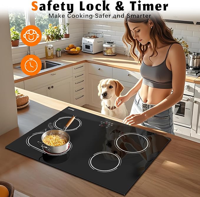 30 Inch Electric Cooktop 6400W, 240V Hard Wire (No Plug) | 4 Burner Glass Electric Stovetop 30 Inches, 99-Min Timer, Safety Lock, Pause, Rual Ring, Touch Control, 220V Hard Wired