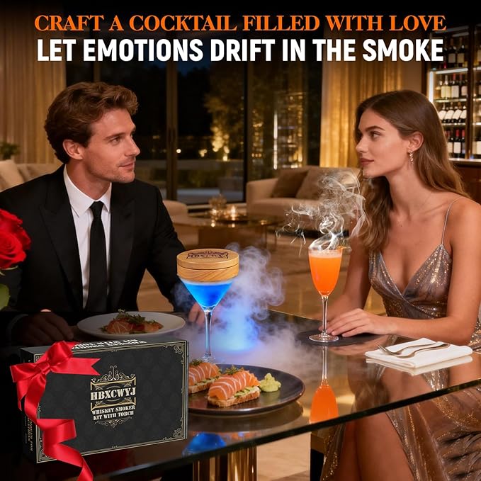 Whiskey Smoker Kit for Cocktails - Premium Oak Smoke Top with Torch (No Butane), 8 Flavors Wood Chips, 3 Ice Marbles & Cocktail Cards - Ideal Gift for Men, Dad, Husband, Whiskey Lovers Home Bar