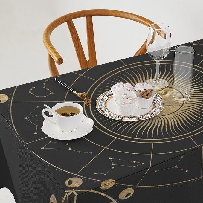 Retro Sun Moon Phases Tablecloth Vintage Star Magical Galaxy Space Table Cloth Water Resistant Wipeable Table Cover for Farmhouse Picnic Party Holiday Kitchen Dinner Table 55"x55"