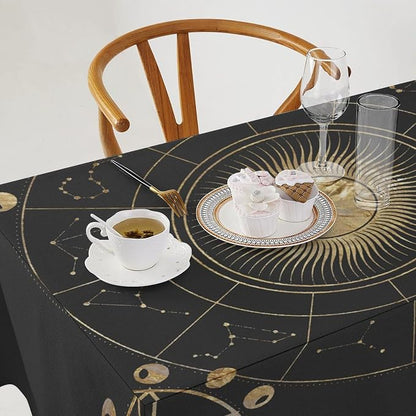 Retro Sun Moon Phases Tablecloth Vintage Star Magical Galaxy Space Table Cloth Water Resistant Wipeable Table Cover for Farmhouse Picnic Party Holiday Kitchen Dinner Table 55"x55"
