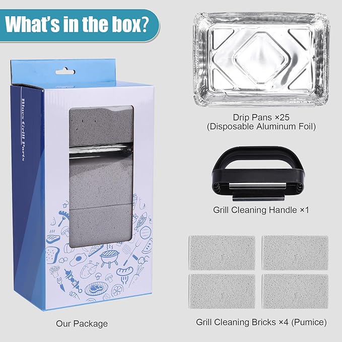 25 Pack Aluminum Drip Pans & 4 Pack Grill Cleaning Pumice Bricks with Handle, Compatible with Weber Spirit, Genesis, Traveler, Q Series, Disposable Foil Grease Trays, for BBQ/Camping