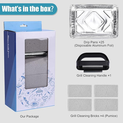 25 Pack Aluminum Drip Pans & 4 Pack Grill Cleaning Pumice Bricks with Handle, Compatible with Weber Spirit, Genesis, Traveler, Q Series, Disposable Foil Grease Trays, for BBQ/Camping