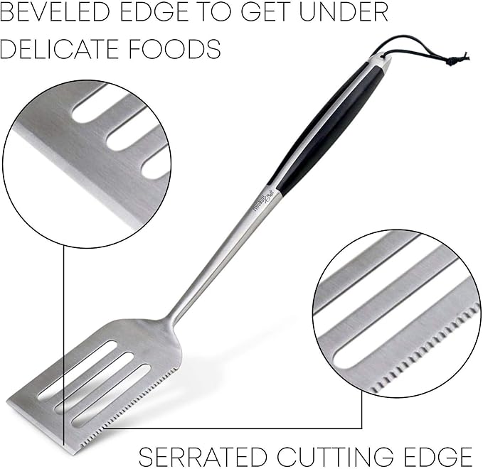 Grilling Accessories | BBQ Tools Set with 18" Grill Spatula, Tongs, BBQ Grill Mat and 2X Strong Magnetic Hooks for Hanging on Barbeque | Heavy Duty Metal Grill Set
