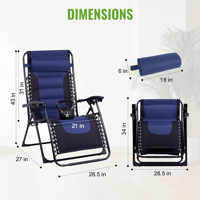 Backyard Expressions Deluxe XL Padded Recliner Zero Gravity Chair – Ergonomic Anti-Gravity Lounger with Folding Design, Side Tray, and Adjustable Headrest