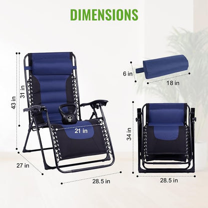 Backyard Expressions Deluxe XL Padded Recliner Zero Gravity Chair – Ergonomic Anti-Gravity Lounger with Folding Design, Side Tray, and Adjustable Headrest