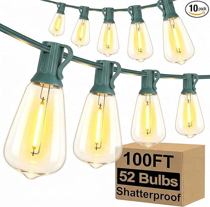 Brightever LED Outdoor String Lights 100FT with 52 Shatterproof ST38 Vintage Edison Bulbs, Outside Hanging Lights Waterproof for Patio, Porch, Deck, Garden, Backyard, Balcony, Green Wire