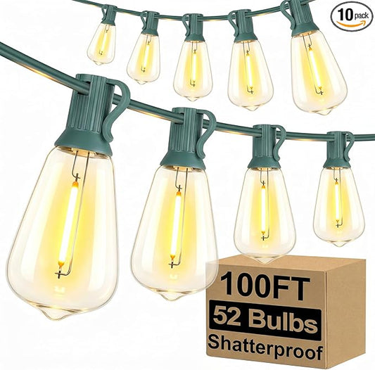 Brightever LED Outdoor String Lights 100FT with 52 Shatterproof ST38 Vintage Edison Bulbs, Outside Hanging Lights Waterproof for Patio, Porch, Deck, Garden, Backyard, Balcony, Green Wire
