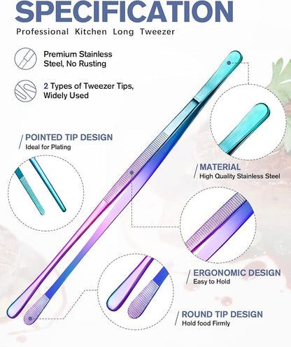 4 Pcs Fine Long Tweezer Tongs Professional Rainbow, 12'' and 10'' Stainless Steel for Kitchen, Food, Cooking, Repairing, Sea food and BBQ