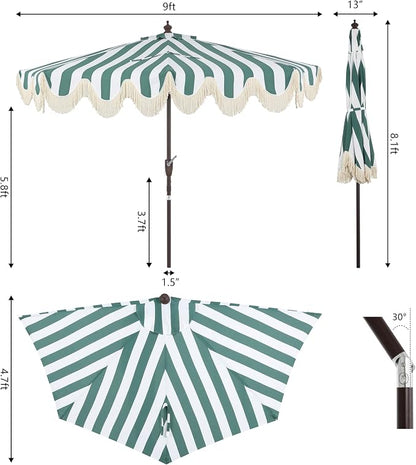 JONATHAN Y Beverly 9 ft. Striped Half Umbrella, Green/Dark Brown | Coastal Scalloped Fringe, Crank Lift, 30 Degree Manual Tilt, UV 50 Polyester Canopy, Aluminum Frame, Space Saving Design