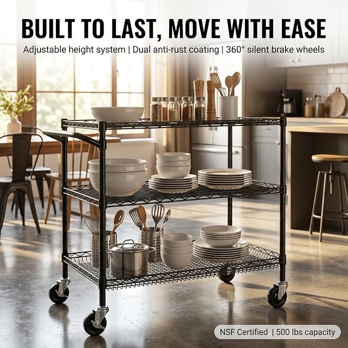 Finnhomy 3 Tier Heavy Duty Commercial Grade Utility Cart, Wire Rolling Cart with Handle Bar, Steel Service Cart with Wheels, Kitchen Carts on Wheels, Metal Cart Shelf Size 18" D x 36" W, NSF, Black