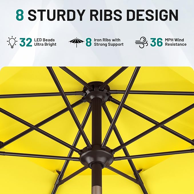 AreShark 9ft 2 Tiers Patio Umbrella with Solar Lights, Outdoor Umbrella w/ 32 LED Lights&8 Sturdy Ribs, Table Umbrella for Deck, Backyard, Pool(Yellow)