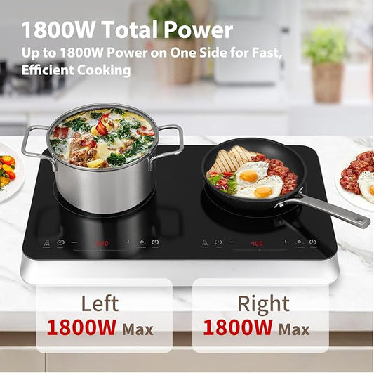 COOKTRON Double Induction Cooktop Burner with Fast Warm-Up Mode, 1800w 2 Burner with 10 Temperature 9 Power Settings, Portable Dual Induction Cooker Cooktop with Child Safety Lock & Time