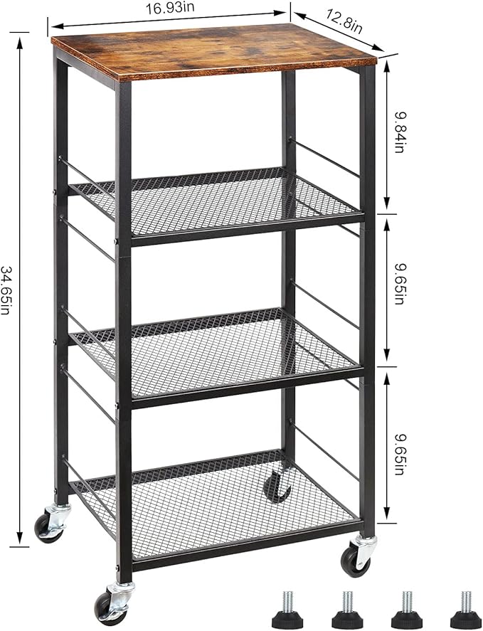 Kitchen Baker's Rack Microwave Cart 4-Tier Island Serving Bar Cart on Wheel Industrial Wood End Side Table Storage Trolley Rack for Bedside Bathroom and Office