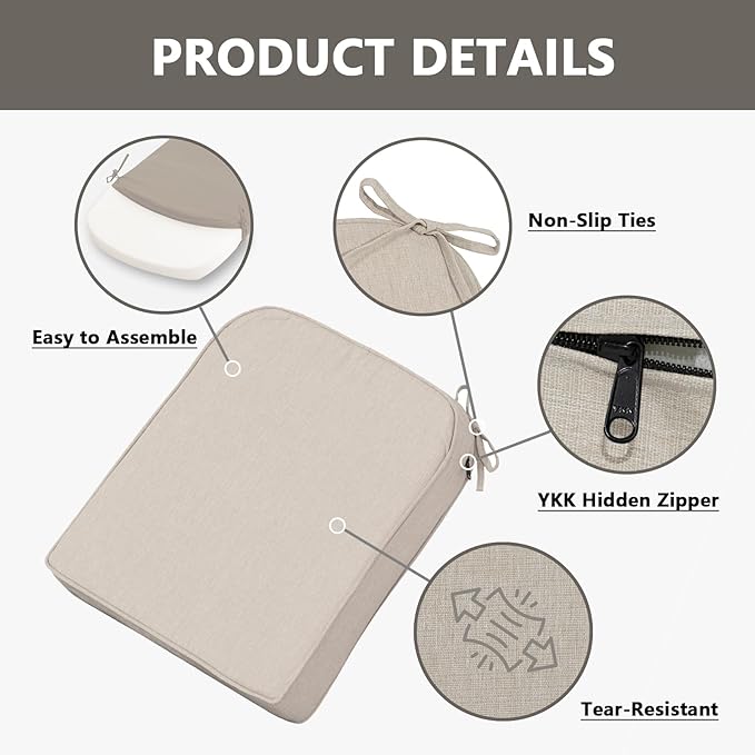 Goodgoods 19.5 x 20 Outdoor Chair Cushions Set of 4, Fade-Resistant & Water-Resistant Patio Seat Cushion Pads with Ties, 30D High-Resilience Foam for Dining Room Kitchen Chairs, Putty