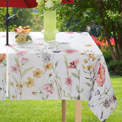 Spring Summer Tablecloth with Umbrella Hole Rectangle 60x84 Inch Waterproof Non Slip Flower Watercolor Zippered Table Cloth, Washable Polyester Table Cover for Patio, Picnic, Camping, Outdoor