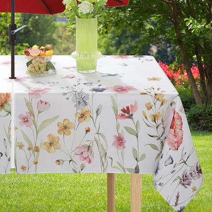 Spring Summer Tablecloth with Umbrella Hole Rectangle 52x70 Inch Spill Proof Wrinkle Free Floral Watercolor Zippered Table Cloth, Soft Fabric Table Cover for Dining, Party, Picnic, Indoor, Outdoor