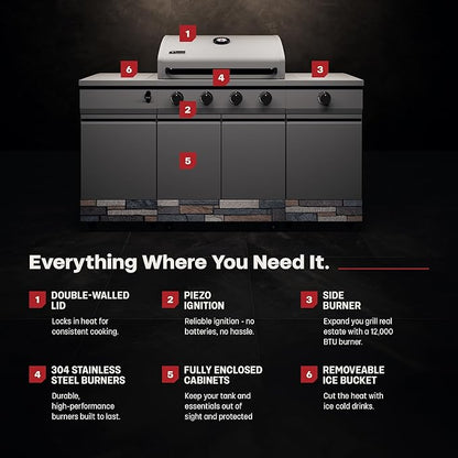 Tytus Fresno 5-Burner Propane or Natural Gas Island Grill – 864 sq. in. Cooking, 48,000 BTU Main + 12,000 BTU Side Burner, Porcelain Grates, Storage Cabinets, Semi-Portable - GM/Ash Stone Deluxe Kit