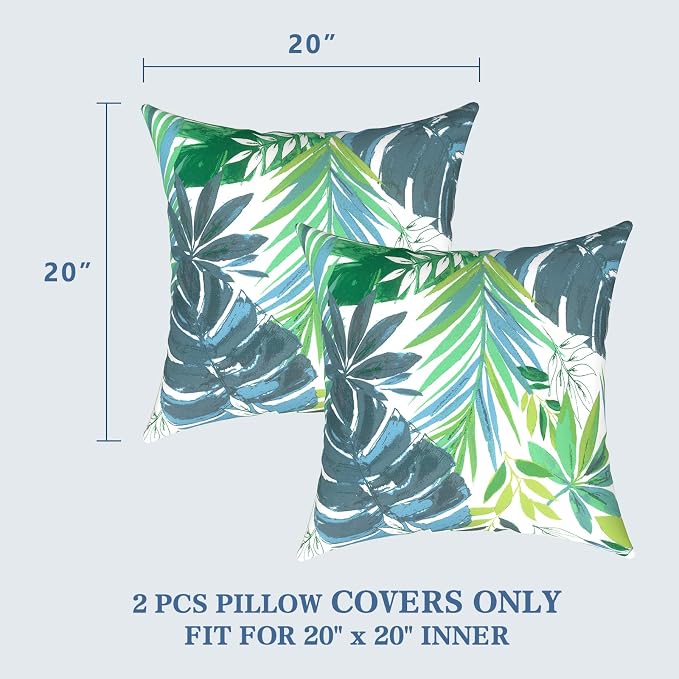 LVTXIII Outdoor Pillow Covers 20x20 Inch, 2 Pack Large Square Throw Pillow Cases, Fade-Resistant Cushion Covers for Patio Furniture Sofa, Garden Porch, Islamorada Blue Green