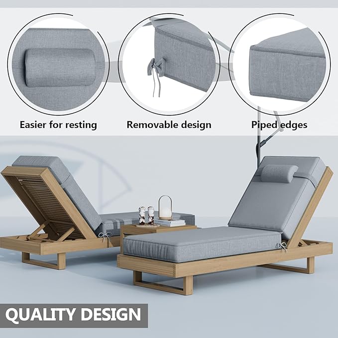 72 x 21 x 4 Inch Olefin Chaise Lounge Cushions, Lounge Chair Cushions with Headrest for Outdoor Furniture - Weather and Fade Resistant Patio Replacement Furniture Lounge Chair Cushion Set of 2