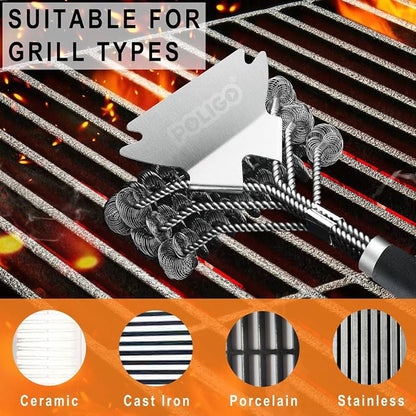 POLIGO BBQ Grill Cleaning Brush Bristle Free & Scraper - Triple Helix Design Barbecue Cleaner - Non-Bristle Grill Brush and Scraper Safe for Gas Charcoal Porcelain Grills - Ideal Grill Tools Gift
