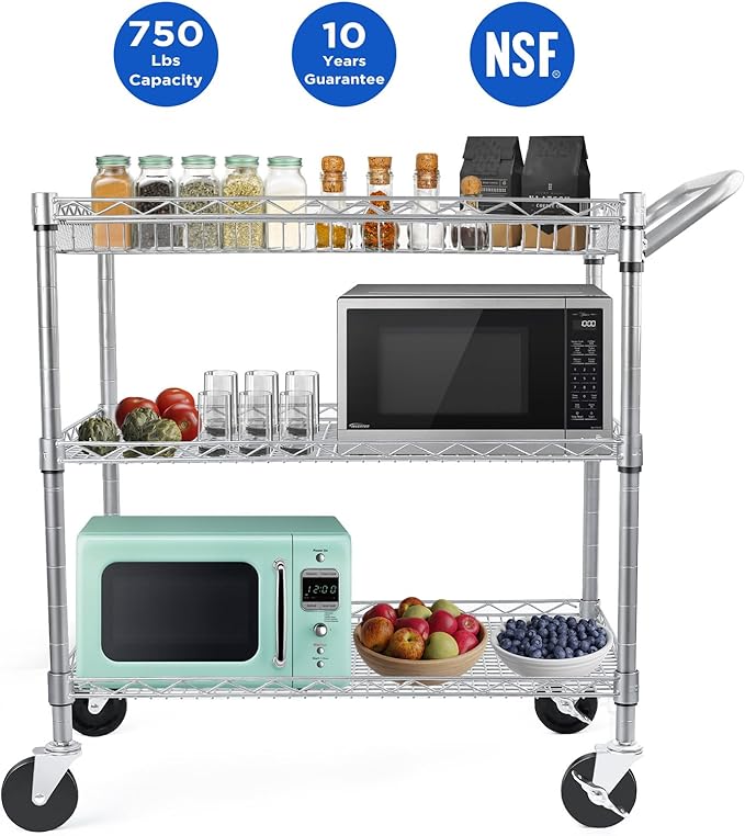 Heavy Duty 3 Tier Utility Cart,Wire Rolling Carts with Wheels, Commercial Grade Service Cart with Shelving Liners and Handle Bar Metal Carts for Kitchen Office Hardware