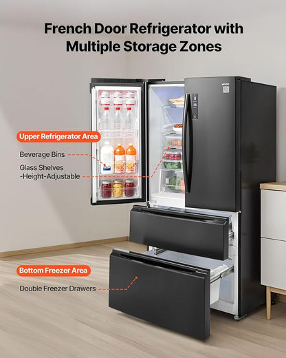 VEVOR French Door Refrigerator, 18.9 Cu. Ft. Kitchen Fridge, Counter Depth French Refrigerator with LED Display and 4 Casters, Frost-Free Bottom Freezer Refrigerators for Home & Commercial Use, Black