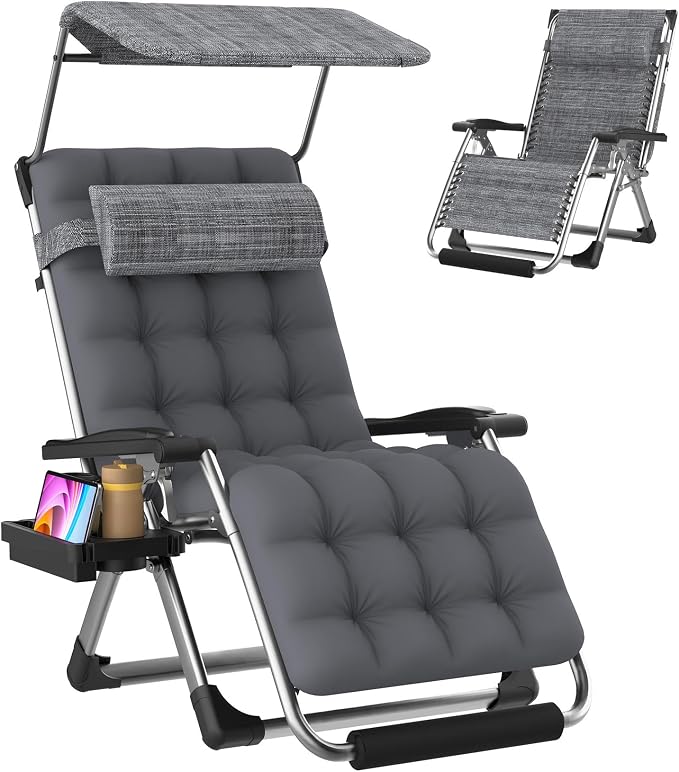 Suteck Zero Gravity Chair with Canopy, 29In XL Oversized Lounge Chairs | w/Removable Cushion&Headrest, Upgraded Lock and Footrest, Folding Reclining Patio Chairs Recliner for Indoor Outdoor