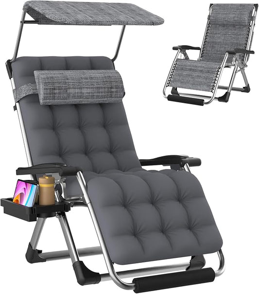 Suteck Zero Gravity Chair with Canopy, 29In XL Oversized Lounge Chairs | w/Removable Cushion&Headrest, Upgraded Lock and Footrest, Folding Reclining Patio Chairs Recliner for Indoor Outdoor
