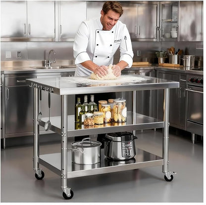 Stainless Steel Prep and Work Table with Wheels(36" Lx32 Wx34 H) | Multi-Size Heavy-Duty Metal Commercial Kitchen Commercial Workbench,Suitable for Restaurants, Homes,Outdoor and Hotels