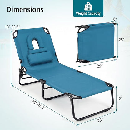 GYMAX Tanning Chair, Folding Lounge Chairs with Face Hole & Cover, Removable Pillow Carry Handle, Portable Compact Outdoor Layout Recliner for Beach, Poolside, Lawn, Patio, Camping (Blue,1)