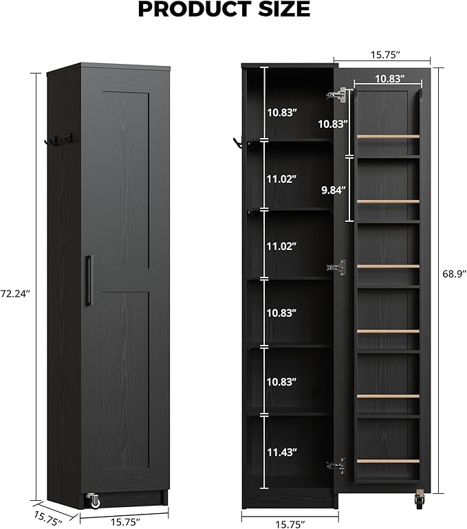IRONCK Narrow Kitchen Pantry Cabinet, 72" H,Slim for Small Place, Black | Single Door with 6 Adjustable Shelves, Door Rack and Wheels, Space Saving Freestanding Storage Floor Cabinet