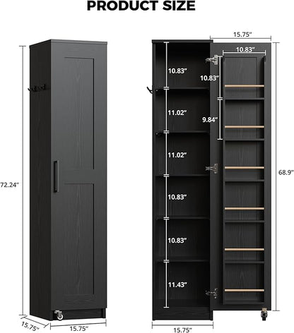 IRONCK Narrow Kitchen Pantry Cabinet, 72" H,Slim for Small Place, Black | Single Door with 6 Adjustable Shelves, Door Rack and Wheels, Space Saving Freestanding Storage Floor Cabinet