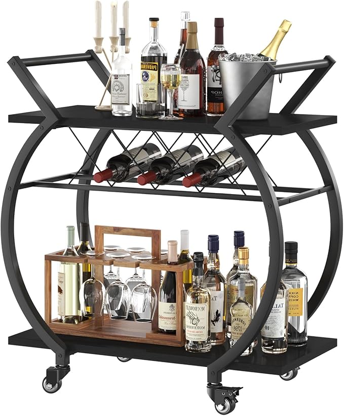 LVB Black Bar Cart with Wheels, Industrial Wine Cart with Storage for Home | Modern Bar Cart with Wine Rack, Beverage Rolling Kitchen Serving Cart, Wooden Microwave Drink Liquor Cart for Dining Room